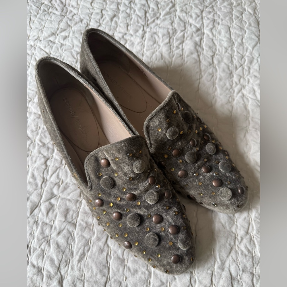 Donald J. Pliner Moss Gray Velvet Studded Slip-Ons EUC